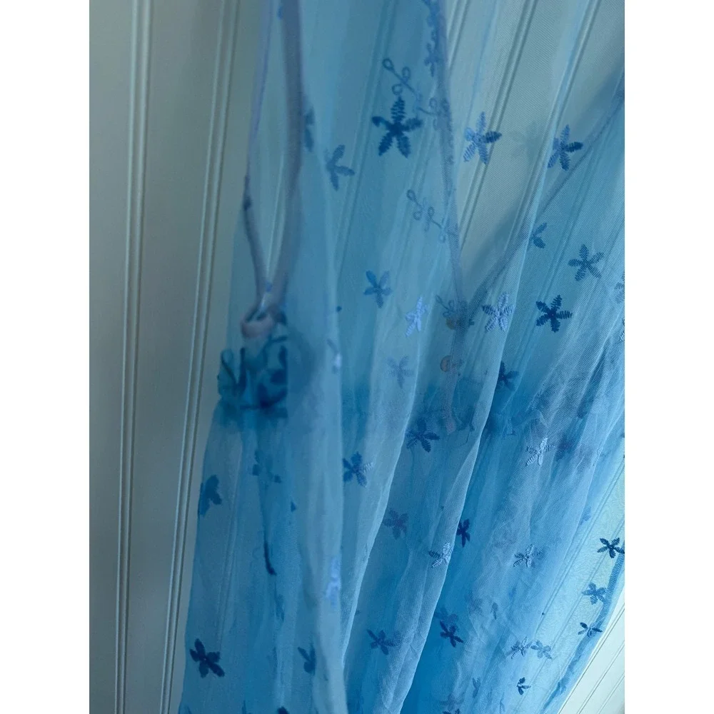 Blue Embroidered Mesh Sheer V-Neck Empire Waist Dress XXL‎ Boho Mermaid Fairy